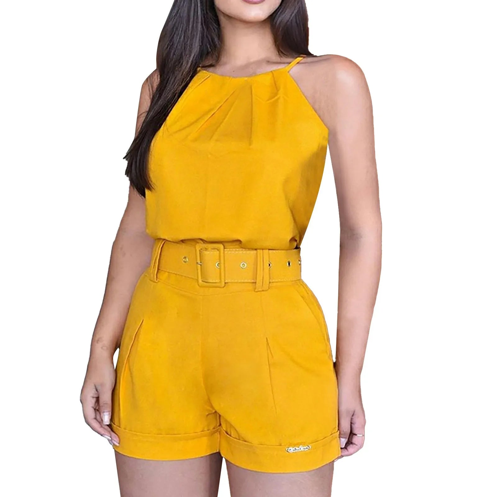 Women's Sleeveless Belted Shorts Co-Ord Set Relaxed Contemporary Summer Outfit
