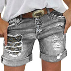 Women's Distressed Denim Style Rolled Hem Shorts with Relaxed Casual Streetwear Silhouette