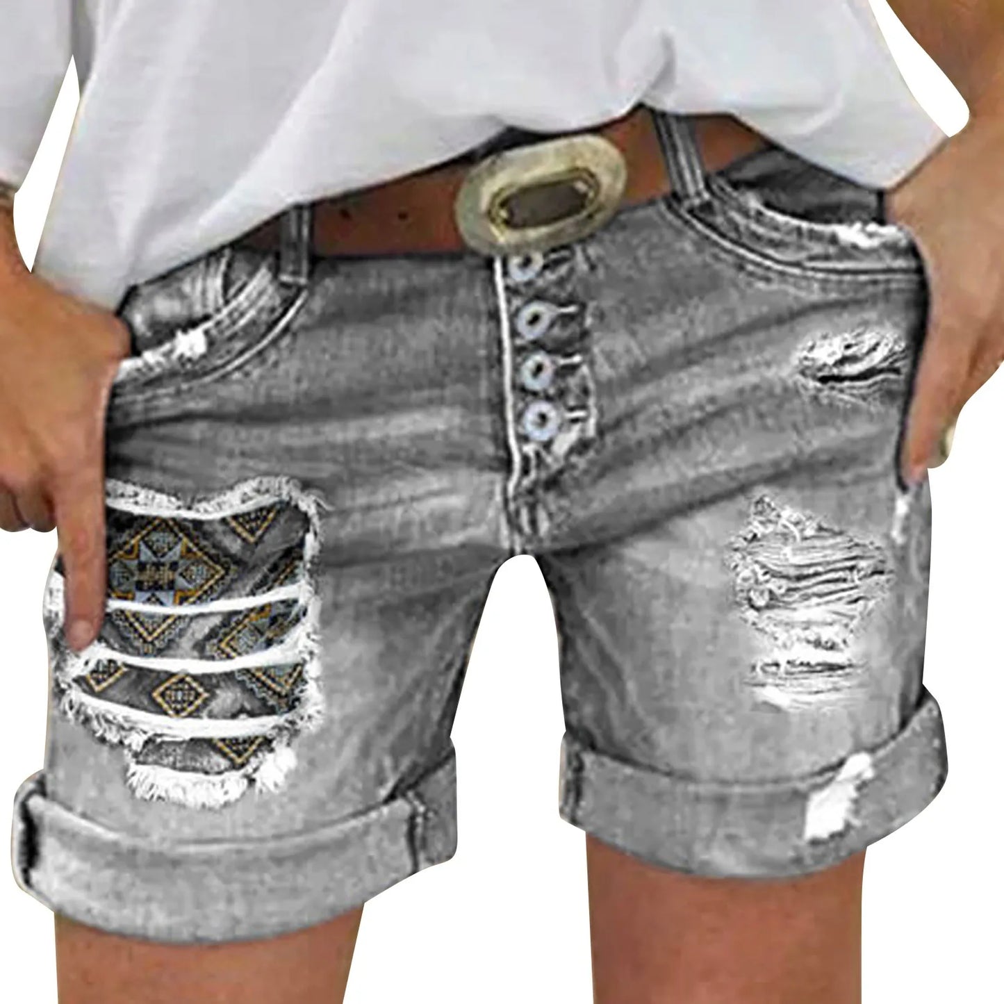 Women's Distressed Denim Style Rolled Hem Shorts with Relaxed Casual Streetwear Silhouette