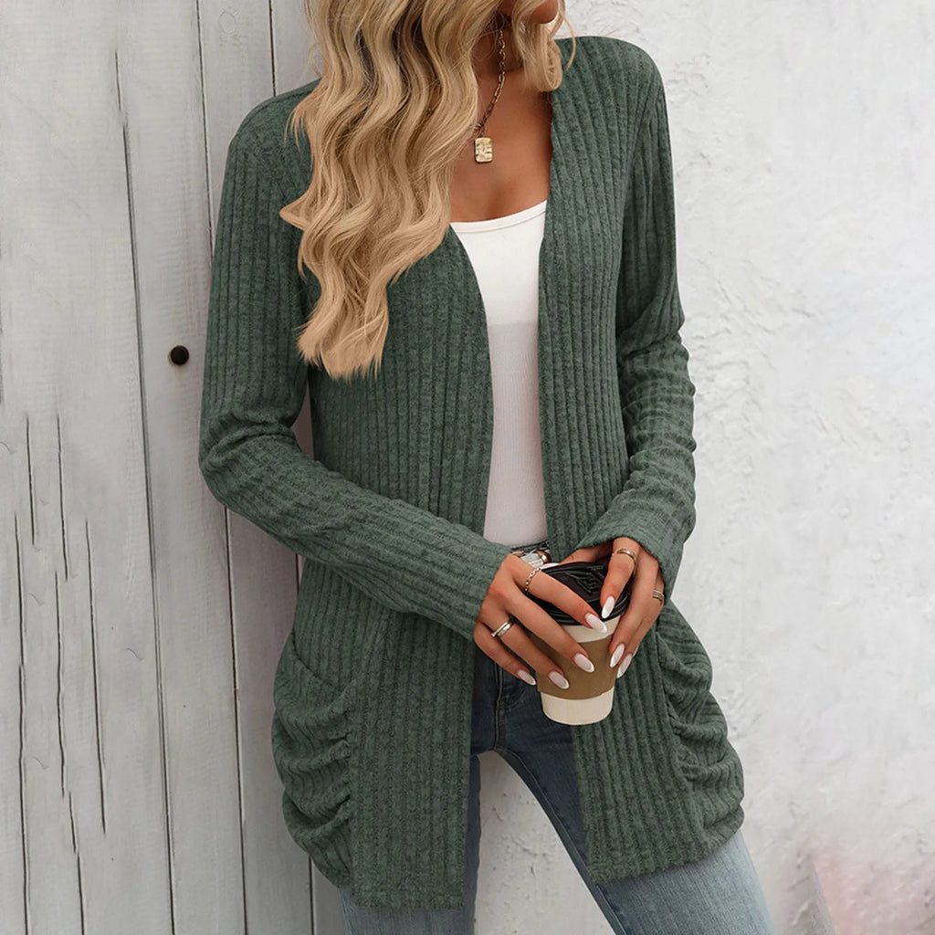 Women's Open Front Knit Cardigan with Pockets and Relaxed Longline Fit