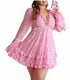 Playful Pink Heart Print Long-Sleeve Sleep Dress with Ruffled Tiered Hem