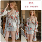 Botanical Print Satin-Finish Slip Dress and Matching Flowing Robe Set