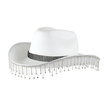 Women's Felt Western Cowboy Hat with Decorative Rhinestone Fringe for Statement Fashion Style