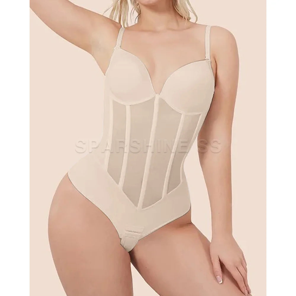 Plunging V-Neck Bodysuit with Vertical Sheer Paneling and Defined Bust Contour