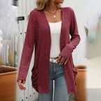 Women's Open Front Knit Cardigan with Pockets and Relaxed Longline Fit