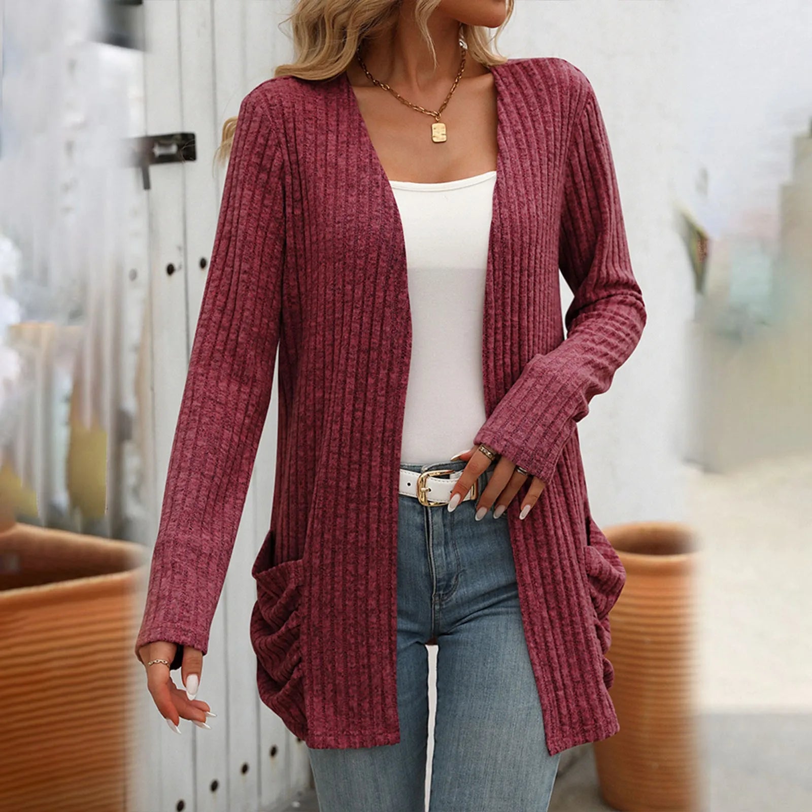Women's Open Front Knit Cardigan with Pockets and Relaxed Longline Fit