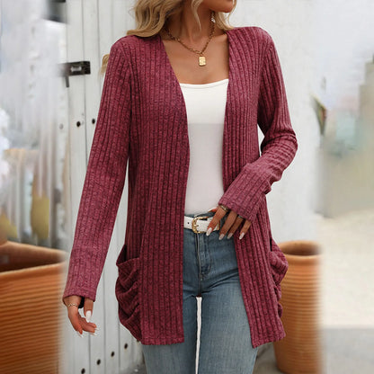 Women's Open Front Knit Cardigan with Pockets and Relaxed Longline Fit