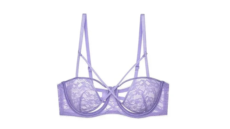 Lilac Strappy Floral Lace Underwire Bra and Cutout Thong Set