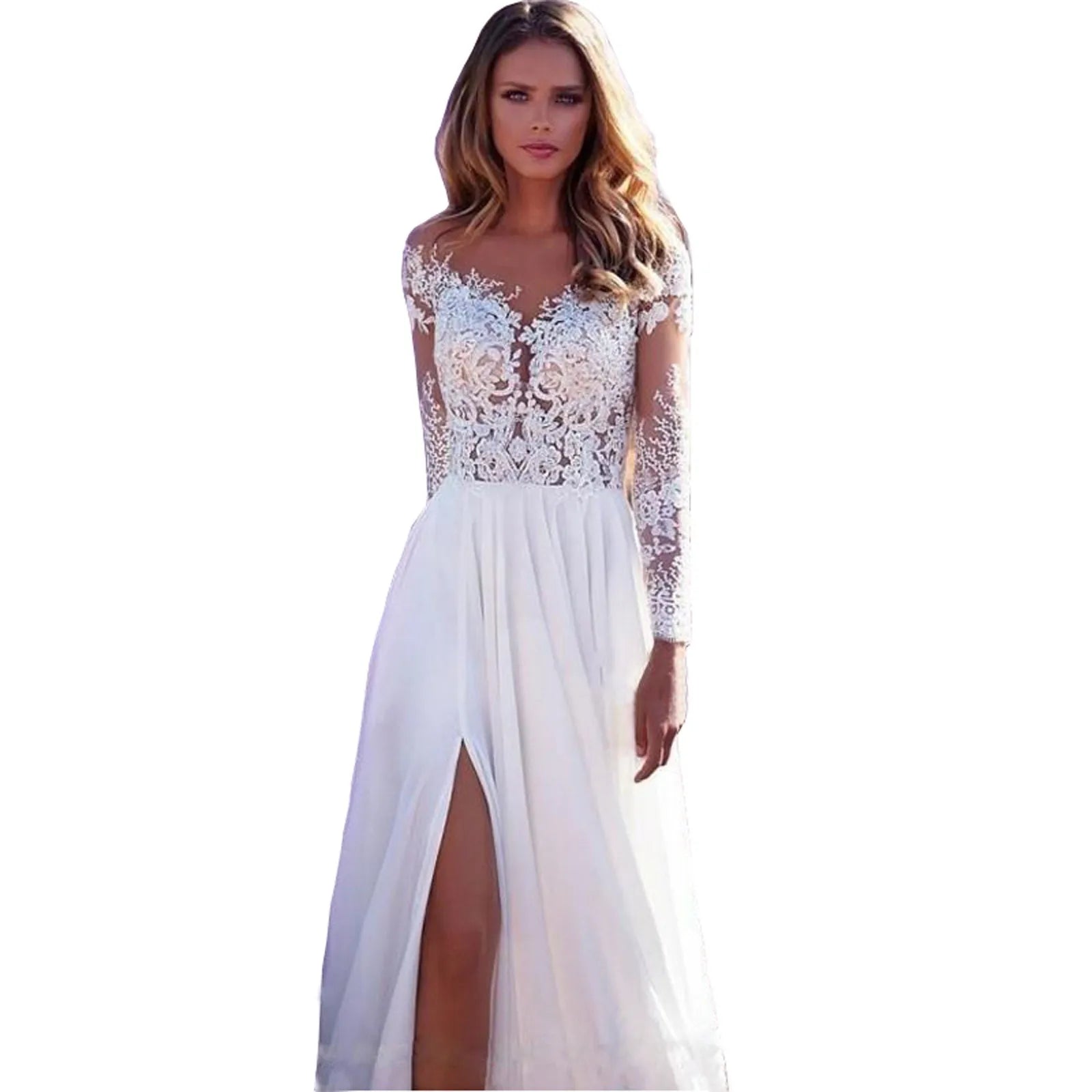 Flowing Lace Bodice Maxi Dress With Sheer Detail And Side Slit