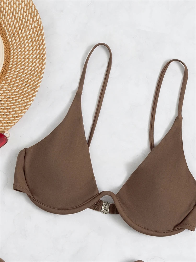 Three-Piece Underwire Bikini Set with Solid and Palm Print Bottom Options