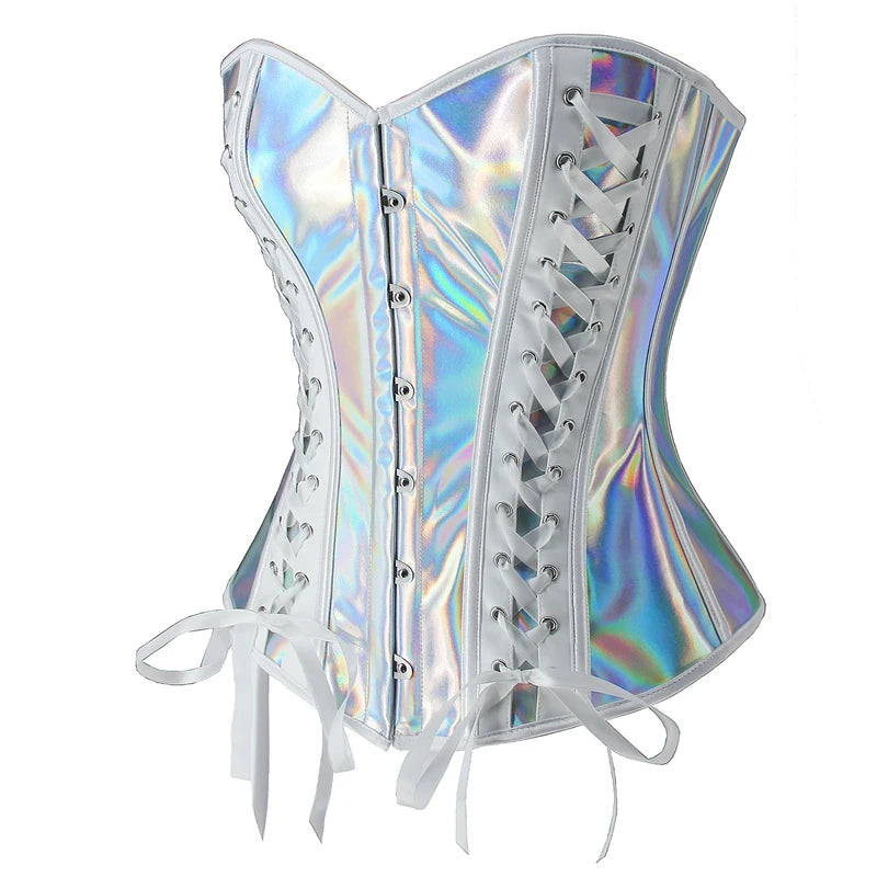 Iridescent Silver Holographic Overbust Corset with Front Busk and Ribbon Lace-Up Detailing