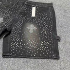 Men's Distressed Denim Shorts with Decorative Rhinestone Details and Modern Streetwear Style