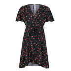 Floral Wrap Style Mini Dress with Ruffle Hem and Short Sleeves
