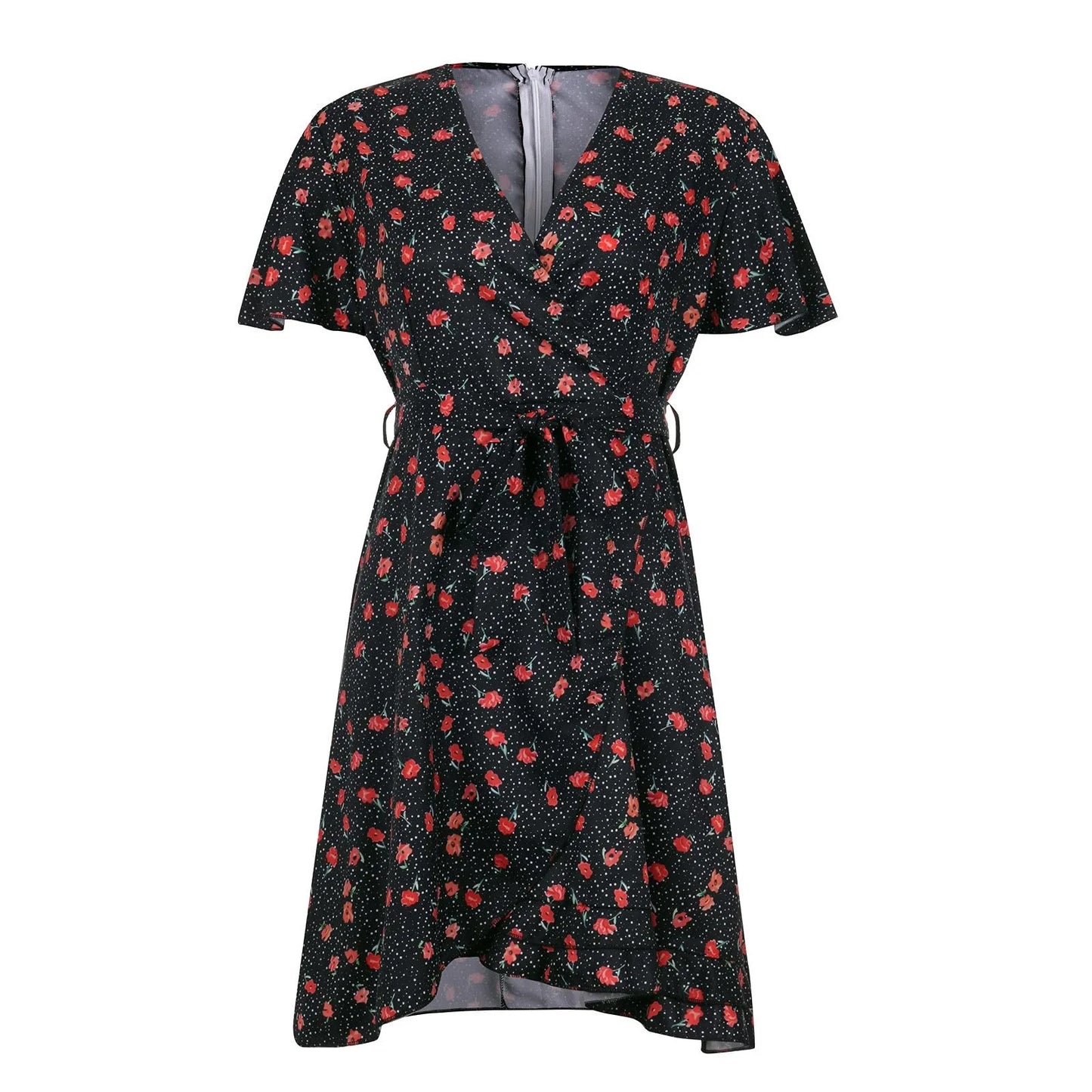 Floral Wrap Style Mini Dress with Ruffle Hem and Short Sleeves
