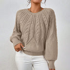 Women's Textured Cable Knit Crew Neck Relaxed Fit Sweater Pullover