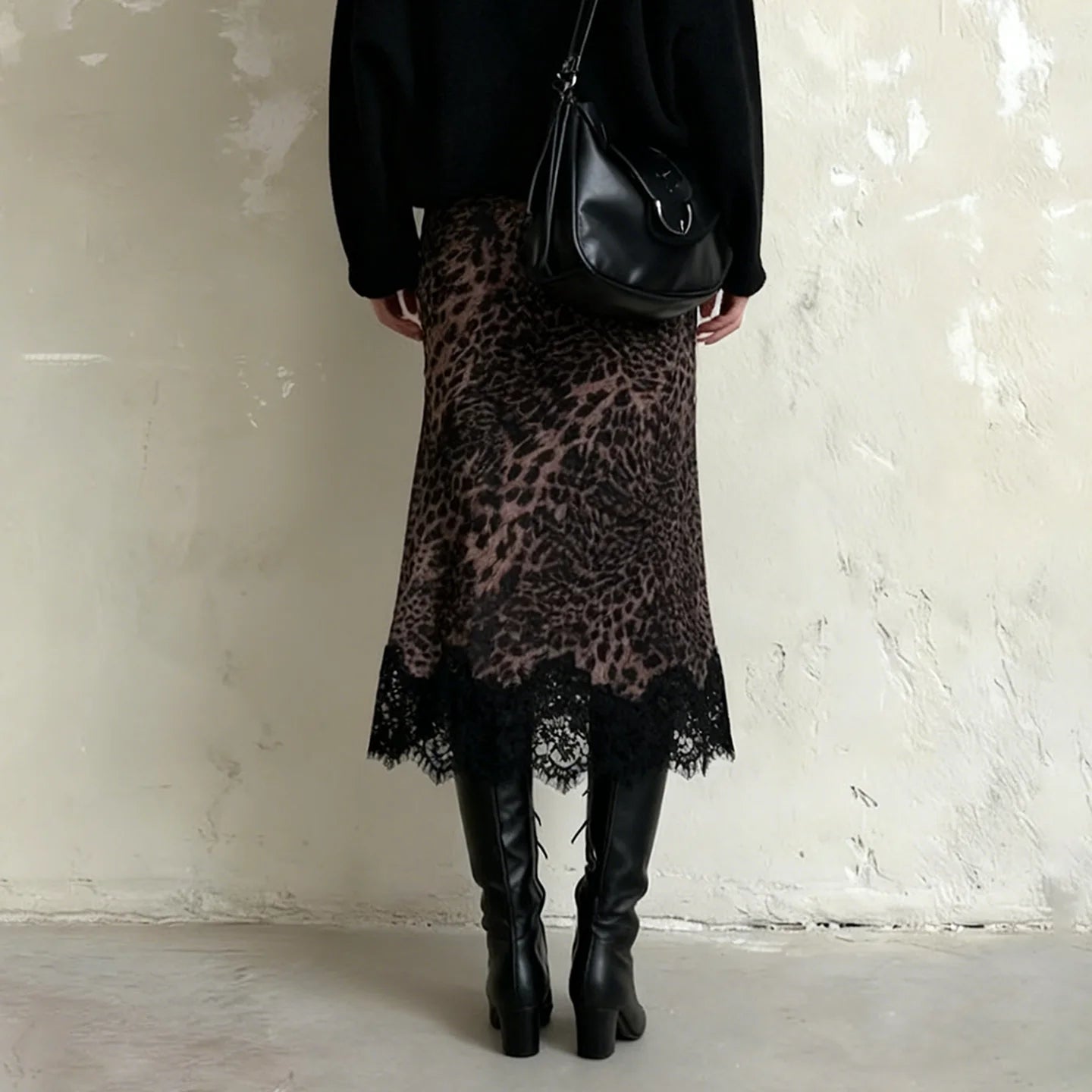 Low Rise Leopard Print Lace Trim Asymmetrical Midi Skirt