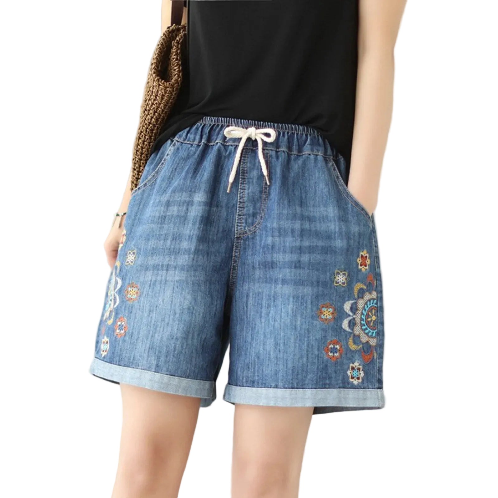 Women's Relaxed Denim Shorts with Drawstring Waist Embroidered Details and Casual Wide Leg Fit