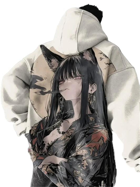 Minimalist Anime Oversized Hoodie with Manga-Inspired Artistic Illustration