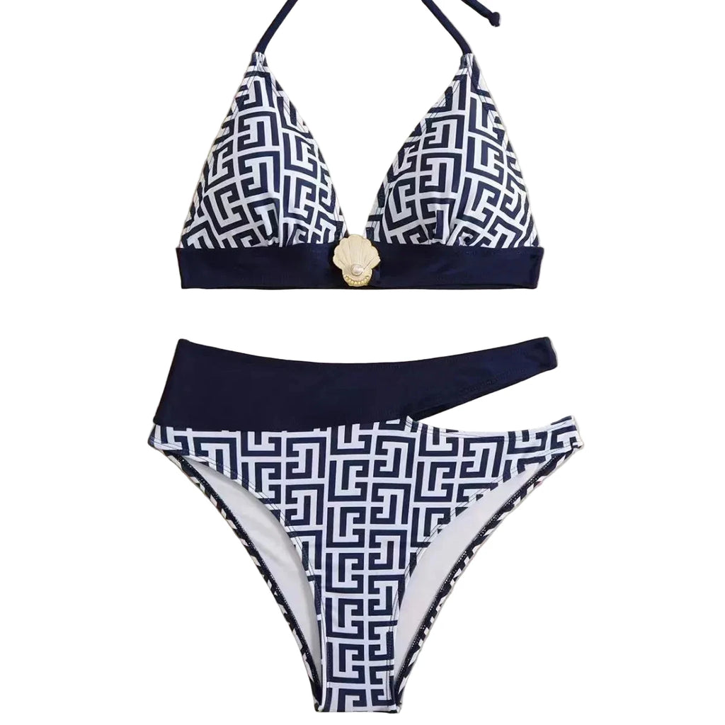 Geometric Pattern High-Waisted Bikini with Solid Navy Contrast Banding