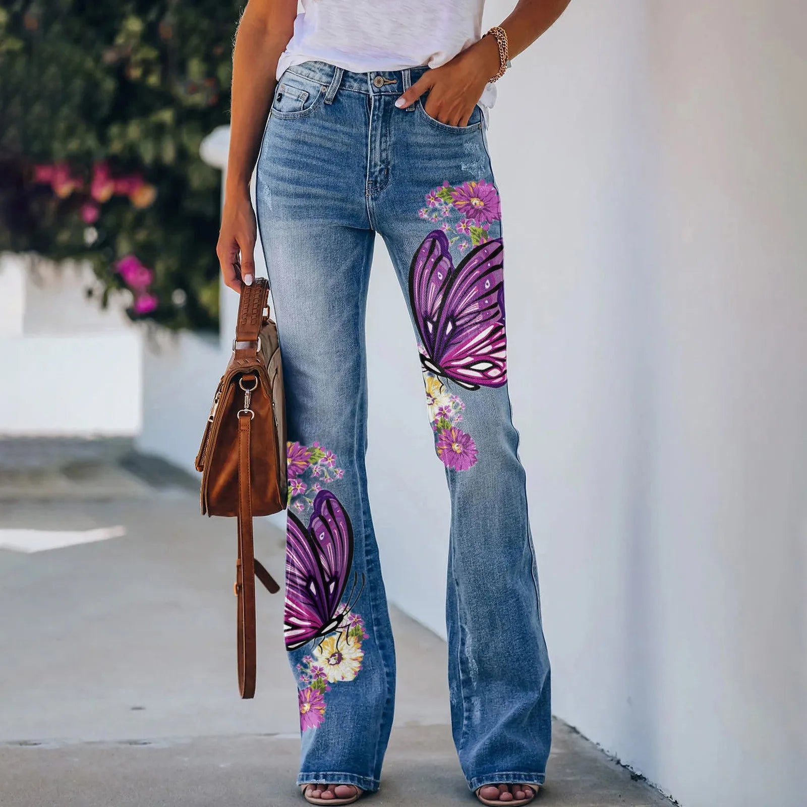 Low Rise Printed Flared Denim Pants with Stretch Fabric Retro Streetwear Wide Hem
