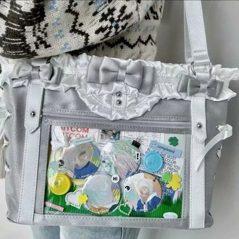 Decorative Window Tote Shoulder Bag with Utility Pocket Styling