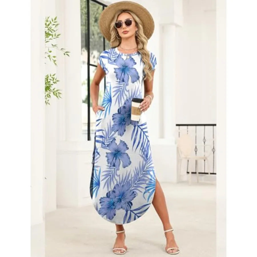 Tropical Print Cap Sleeve Maxi Dress with Pockets Casual Vacation Style