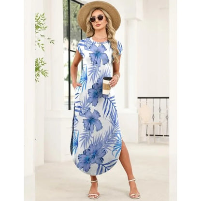 Tropical Print Cap Sleeve Maxi Dress with Pockets Casual Vacation Style