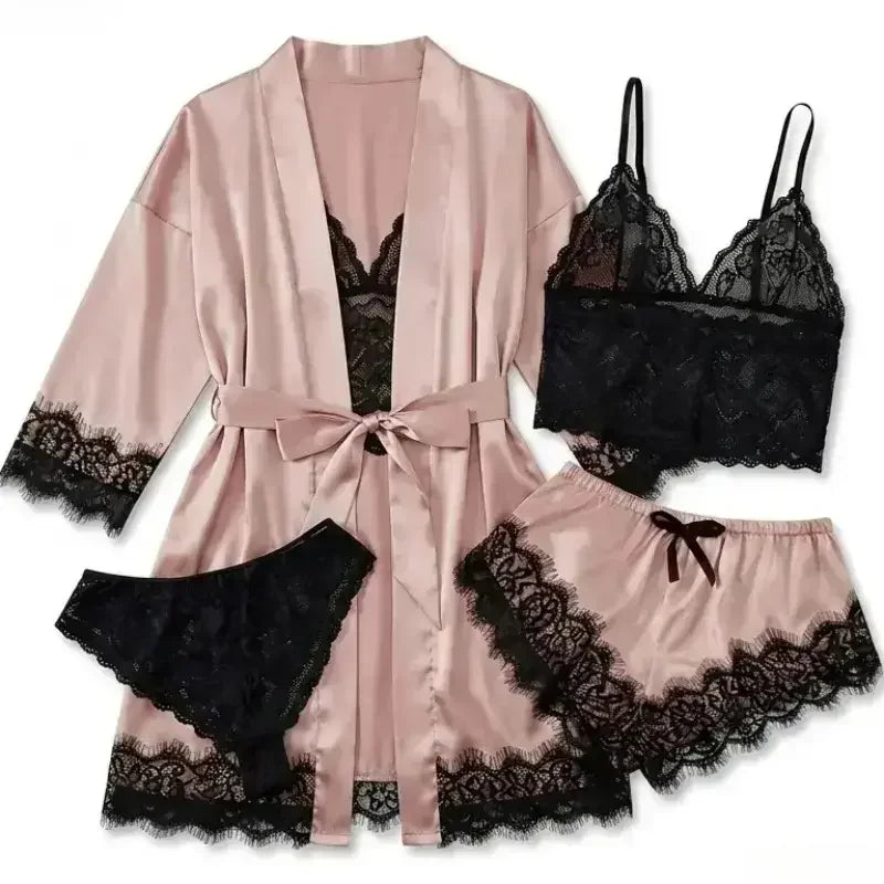Romantic 4-Piece Satin-Finish Sleepwear Set with Bold Black Lace Trim