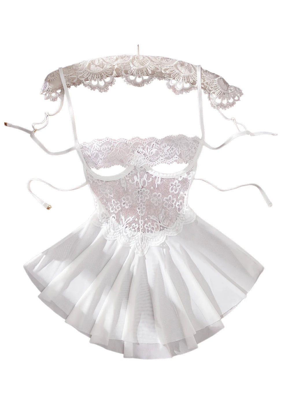 Ethereal White Sheer Lace Babydoll Set with Ruffled Tulle Skirt