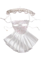 Ethereal White Sheer Lace Babydoll Set with Ruffled Tulle Skirt