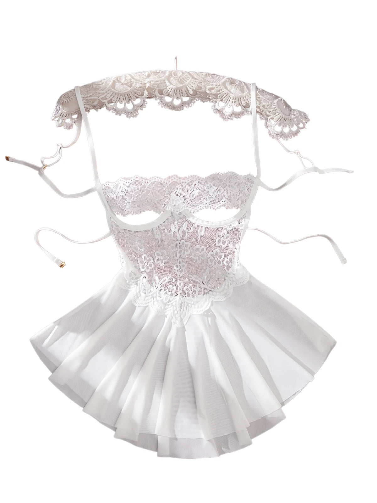 Ethereal White Sheer Lace Babydoll Set with Ruffled Tulle Skirt