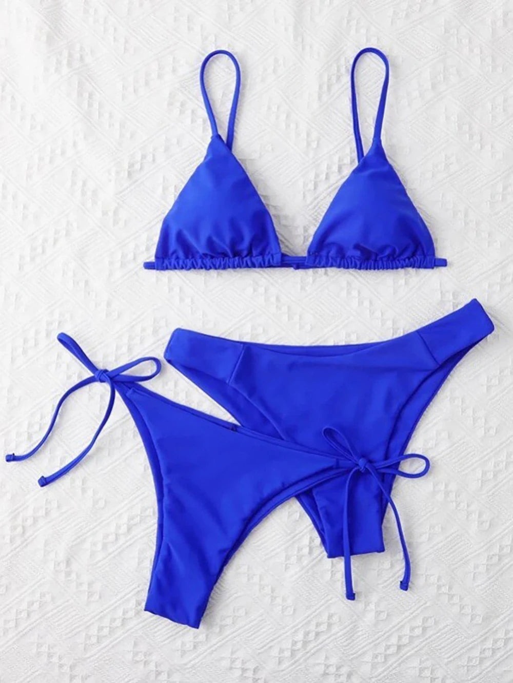 Solid White Three-Piece Triangle Bikini Set with Side-Tie Details