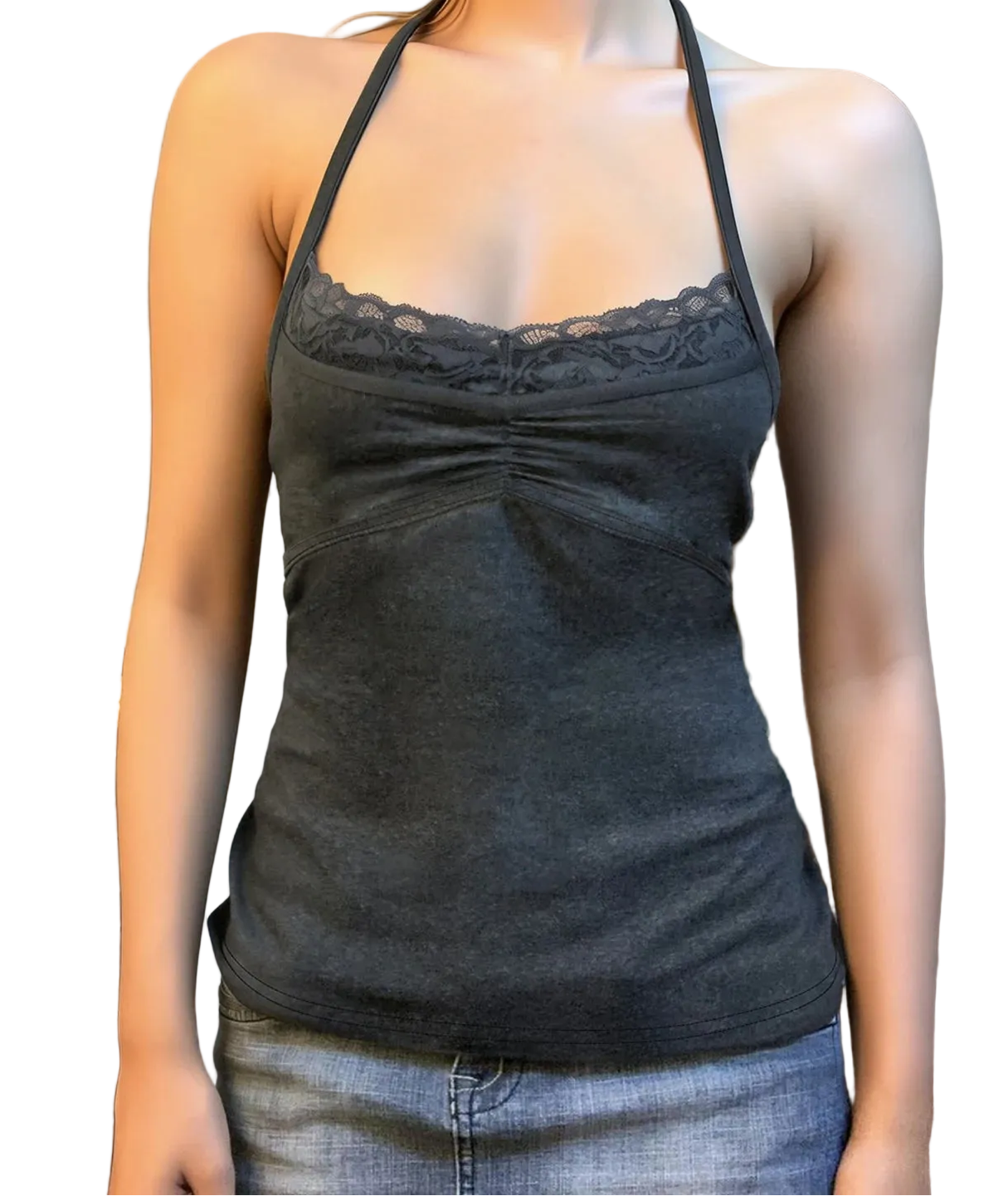 Vintage Lace Trim Halter Crop Top with Slim Fit Knit Streetwear Camisole Design