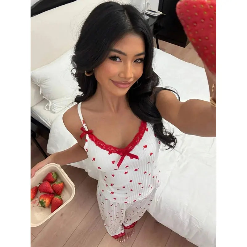 Playful Heart Print V-Neck Loungewear Jumpsuit with Pink Lace Trim and Ribbon Bows