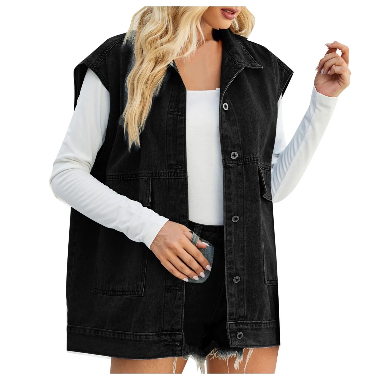 Women's Oversized Sleeveless Utility Vest with Button Front Layered Design