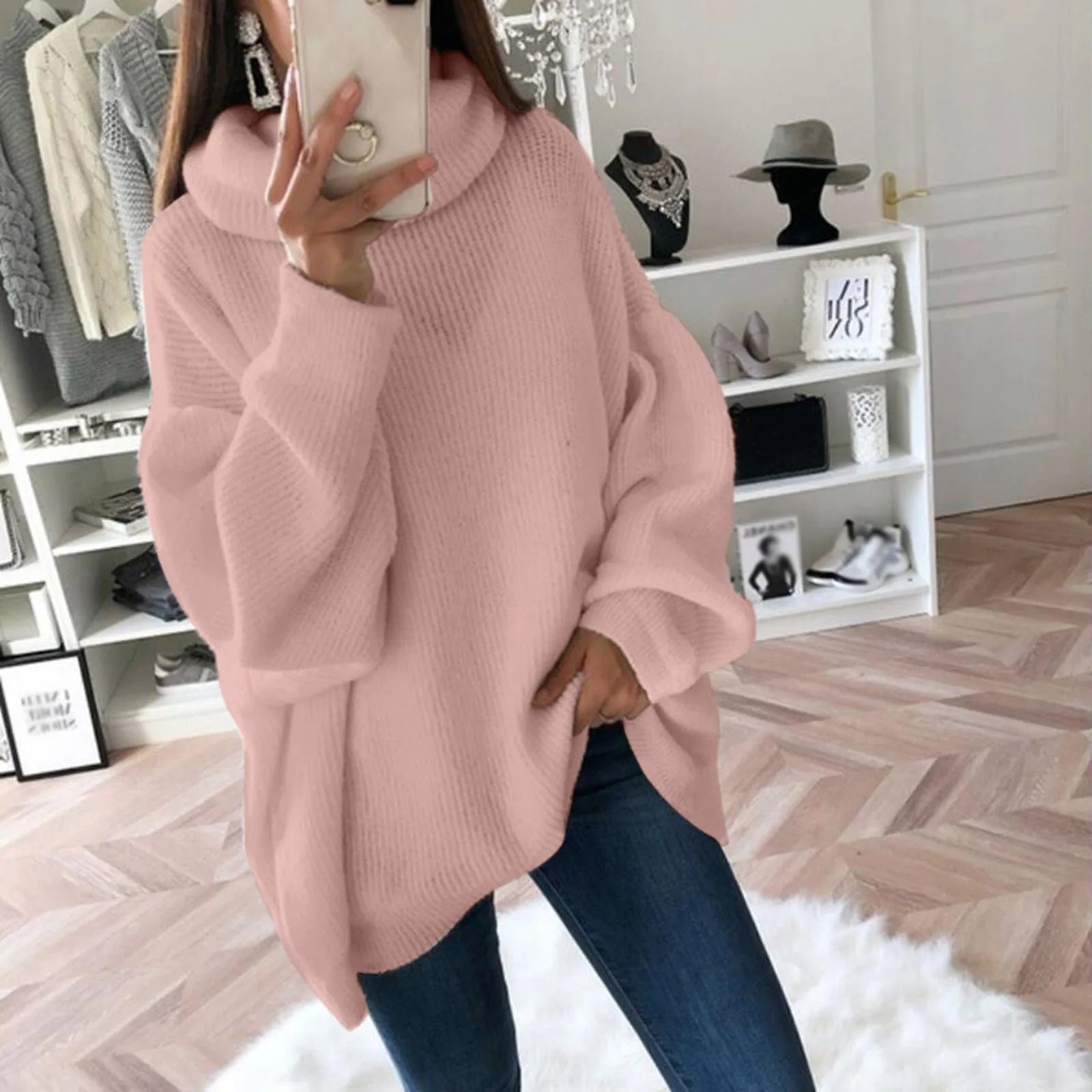 Women's Oversized Turtleneck Drop Shoulder Relaxed Knit Streetwear Sweater