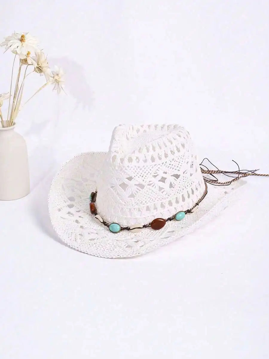 Hollow Woven Straw Cowboy Hat with Decorative Beaded Band for Outdoor Summer Adventures