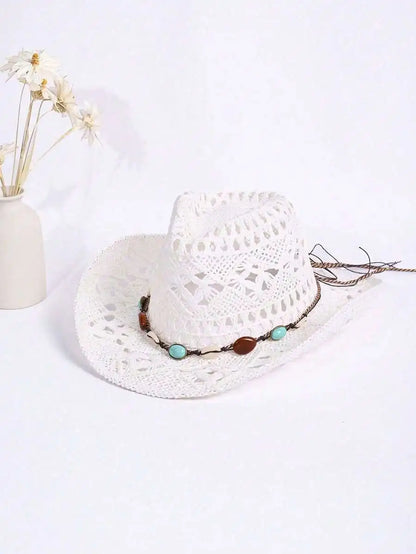 Hollow Woven Straw Cowboy Hat with Decorative Beaded Band for Outdoor Summer Adventures