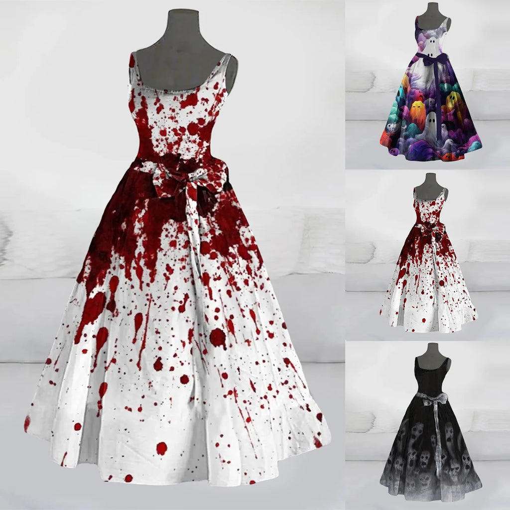 Halloween Splatter Print Flared Swing Dress with Waist Bow