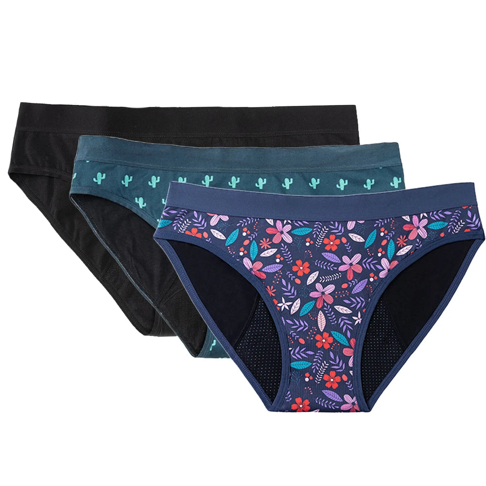 Three-Piece Floral Print Menstrual Brief Set with Contrast Waistbands