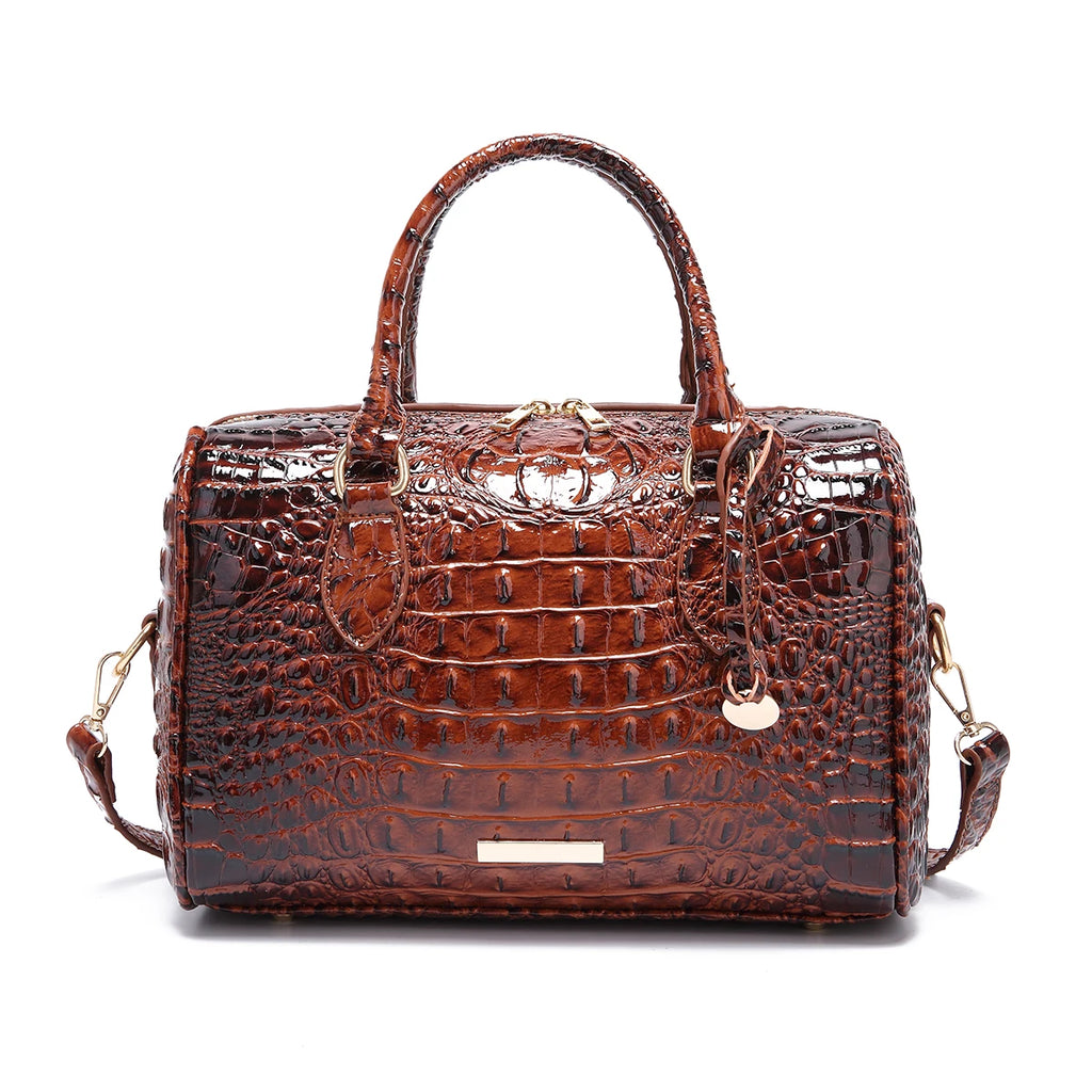 Embossed Top Handle Boston Satchel Bag with Detachable Crossbody Strap
