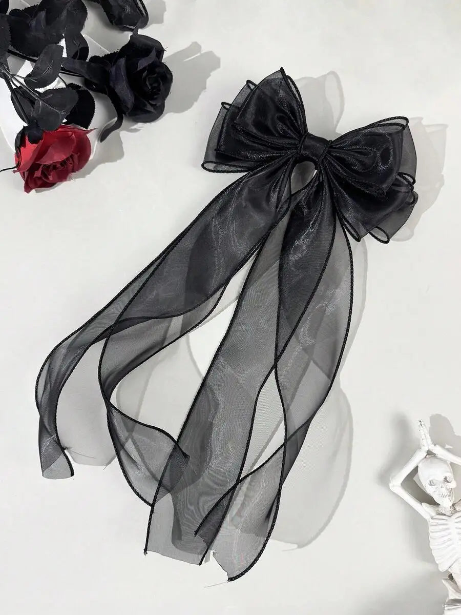 Gothic Mesh Bow Hair Clip With Cross Charm Alternative Statement Accessory