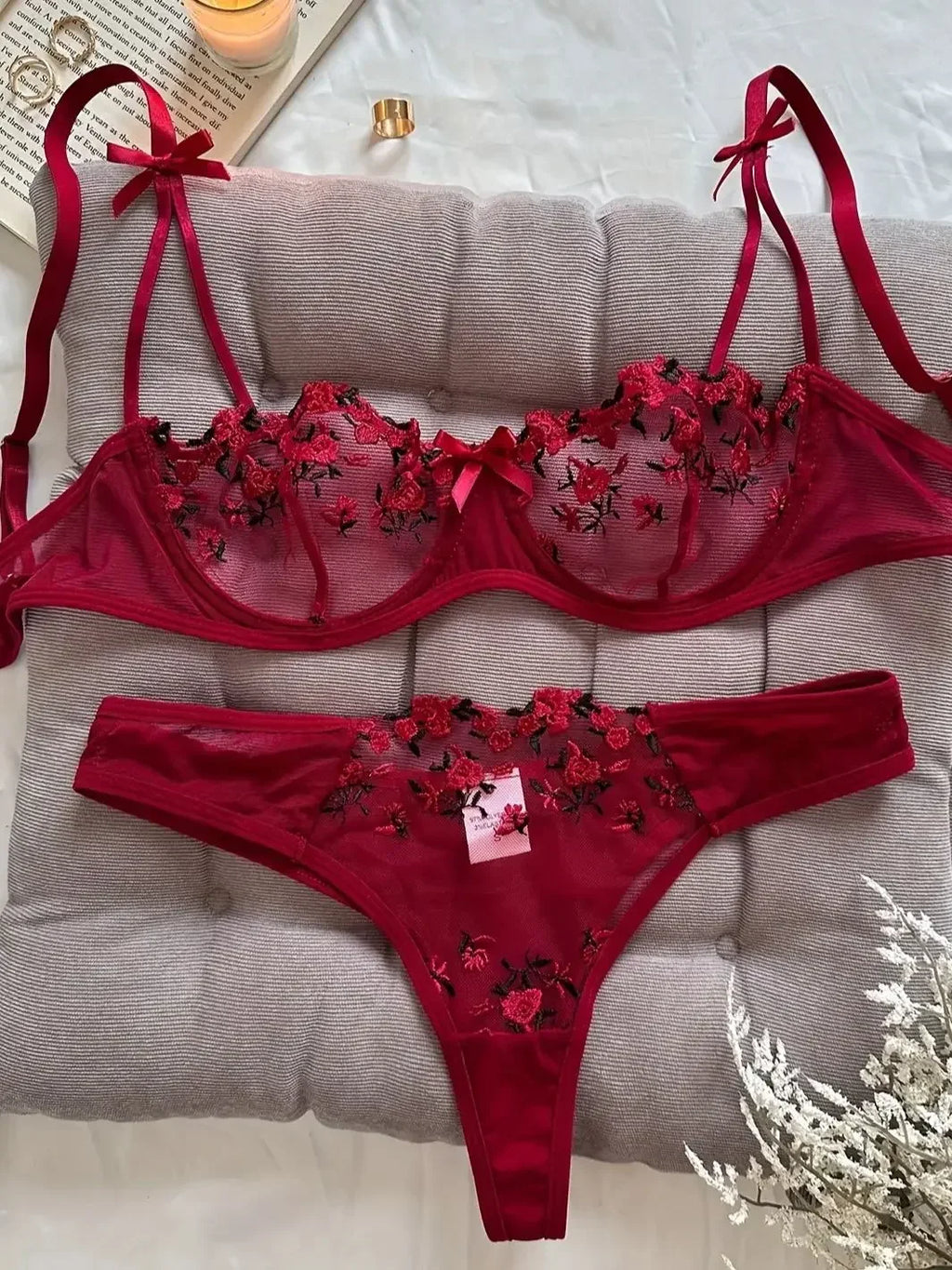 Vibrant Floral Rose Embroidery Sheer Underwire Lingerie Set