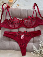 Vibrant Floral Rose Embroidery Sheer Underwire Lingerie Set