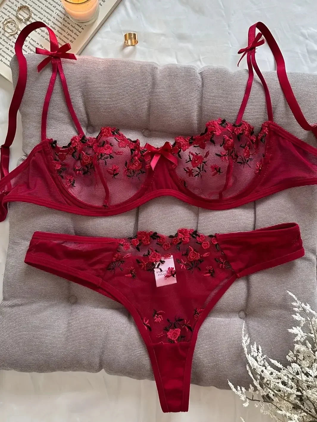Vibrant Floral Rose Embroidery Sheer Underwire Lingerie Set