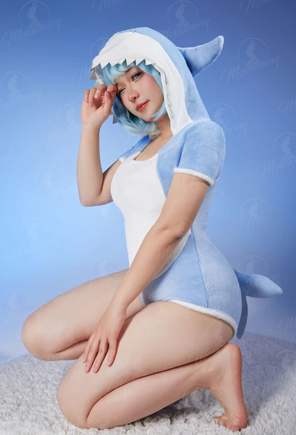 Women's Hooded Plush Romper with Shark-Inspired Design, Tail and Cozy One-Piece Fit