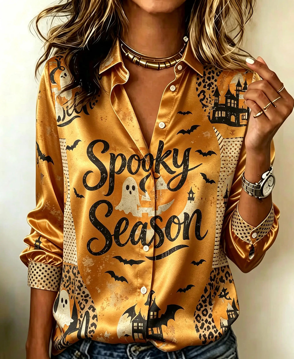 Festive Halloween Graphic Print Satin-Finish Button-Down Blouse