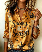 Festive Halloween Graphic Print Satin-Finish Button-Down Blouse