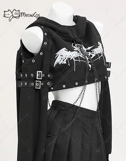 Women's Gothic Cropped Hooded Sweatshirt with Chain Details and Long Sleeve Streetwear Design