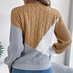 Women's Color Block Cable Knit Relaxed Fit Contemporary Sweater Pullover